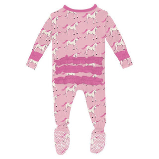 Girl's Print Bamboo Classic Ruffle Footie with 2-Way Zipper - Cake Pop Prancing Unicorn KicKee Pants