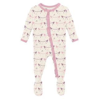 Girl's Print Bamboo Classic Ruffle Footie with 2-Way Zipper - Natural Bird Banner Baby & Toddler Sleepwear