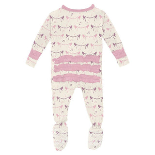 Girl's Print Bamboo Classic Ruffle Footie with 2-Way Zipper - Natural Bird Banner Baby & Toddler Sleepwear