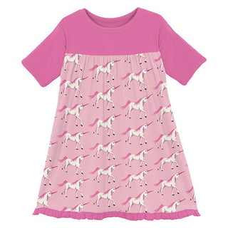 Girl's Print Bamboo Classic Short Sleeve Swing Dress - Cake Pop Prancing Unicorn KicKee Pants