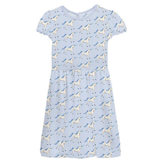 Girl's Print Bamboo Flutter Sleeve Twirl Dress with Pockets - Dew Prancing Unicorn KicKee Pants