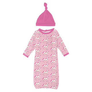 Girl's Print Bamboo Layette Gown & Single Knot Hat Set - Cake Pop Prancing Unicorn Baby & Toddler Sleepwear