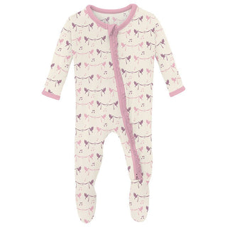 Girl's Print Bamboo Muffin Ruffle Footie with 2-Way Zipper - Natural Bird Banner KicKee Pants