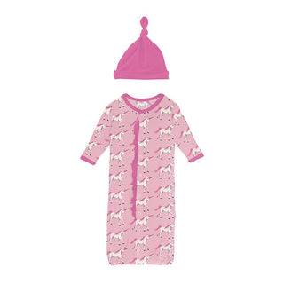 Girl's Print Bamboo Ruffle Layette Gown Converter & Single Knot Hat Set - Cake Pop Prancing Unicorn Baby & Toddler Sleepwear