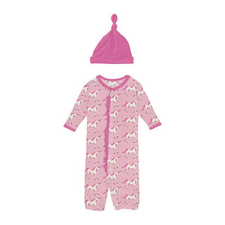 Girl's Print Bamboo Ruffle Layette Gown Converter & Single Knot Hat Set - Cake Pop Prancing Unicorn Baby & Toddler Sleepwear