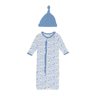 Girl's Print Bamboo Ruffle Layette Gown Converter & Single Knot Hat Set - Dew Prancing Unicorn Baby & Toddler Sleepwear