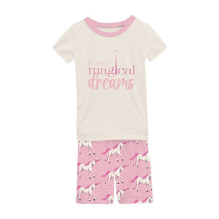 Girl's Print Bamboo Short Sleeve Graphic Tee Pajama Set with Shorts - Cake Pop Prancing Unicorn Baby & Toddler Sleepwear