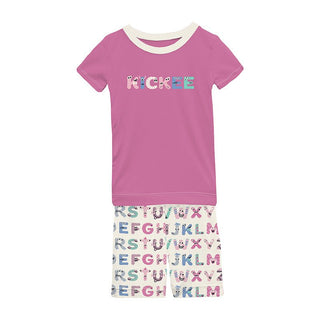 KicKee Pants Girl's Graphic Tee Pajama Set with Shorts - Natural ABC Monsters | Stylish Sleepies offer designs that make bedtime beautiful.