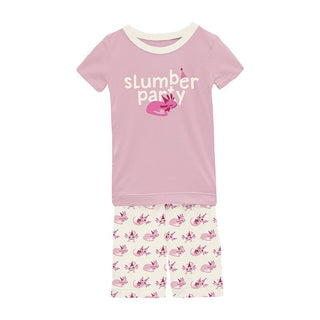 Girl's Print Bamboo Short Sleeve Graphic Tee Pajama Set with Shorts - Natural Axolotl Party KicKee Pants