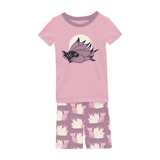 Girl's Print Bamboo Short Sleeve Graphic Tee Pajama Set with Shorts - Pegasus Kitsune KicKee Pants