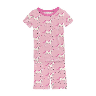 Girl's Print Bamboo Short Sleeve Pajama Set with Shorts - Cake Pop Prancing Unicorn KicKee Pants