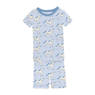 Girl's Print Bamboo Short Sleeve Pajama Set with Shorts - Dew Prancing Unicorn Baby & Toddler Sleepwear