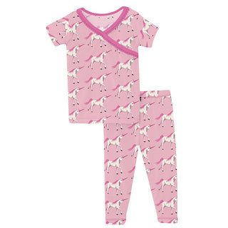 Girl's Print Bamboo Short Sleeve Scallop Kimono Pajama Set - Cake Pop Prancing Unicorn KicKee Pants