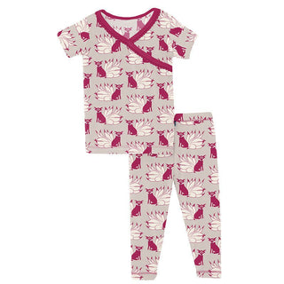 Girl's Print Bamboo Short Sleeve Scallop Kimono Pajama Set - Latte Kitsune KicKee Pants