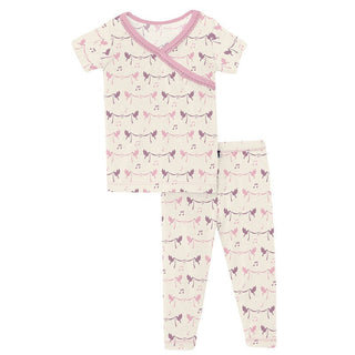 Girl's Print Bamboo Short Sleeve Scallop Kimono Pajama Set - Natural Bird Banner KicKee Pants