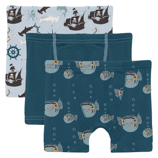 Kickee Pants Boxer Briefs (Set of 3) - Illusion Blue Pirate Adventure, Peacock & Peacock Puffer Family