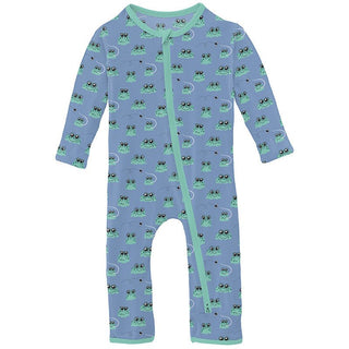 Boy's Print Bamboo Coverall with 2-Way Zipper - Dream Blue Bespeckled Frogs KicKee Pants