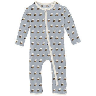 Boy's Print Bamboo Coverall with 2-Way Zipper - Pearl Blue Baby Bumblebee KicKee Pants