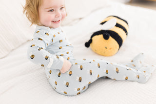 Boy's Print Bamboo Footie with 2-Way Zipper - Pearl Blue Baby Bumblebee KicKee Pants