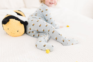 Boy's Print Bamboo Footie with 2-Way Zipper - Pearl Blue Baby Bumblebee KicKee Pants