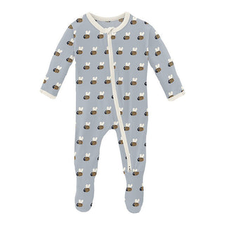 Boy's Print Bamboo Footie with 2-Way Zipper - Pearl Blue Baby Bumblebee KicKee Pants