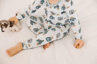 Kickee Pants Boy's Long Sleeve Pajama Set - Illusion Blue Three Little Pigs | Stylish Sleepies offer designs that make bedtime beautiful.