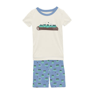 Boy's Print Bamboo Short Sleeve Graphic Tee Pajama Set with Shorts - Dream Blue Bespeckled Frogs KicKee Pants