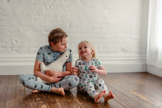 Boy's Print Bamboo Short Sleeve Henley Pajama Set - Pearl Blue Itsy Bitsy Spider KicKee Pants