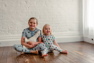 Boy's Print Bamboo Short Sleeve Henley Pajama Set - Pearl Blue Itsy Bitsy Spider KicKee Pants