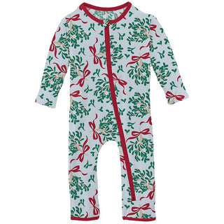 Kickee Pants Coverall with 2-Way Zipper - Illusion Blue Mistletoe & Ribbons | Stylish Sleepies offer designs that make bedtime beautiful.