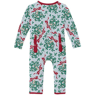 Kickee Pants Coverall with 2-Way Zipper - Illusion Blue Mistletoe & Ribbons