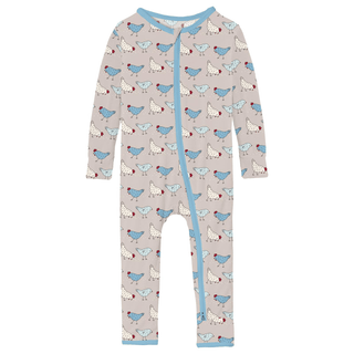 Kickee Pants Coverall with 2-Way Zipper - Latte Chickens