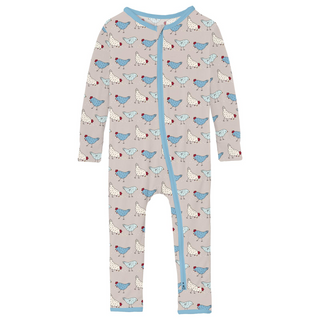 Kickee Pants Coverall with 2-Way Zipper - Latte Chickens