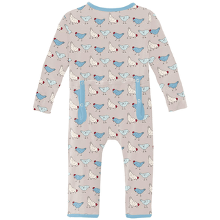 Kickee Pants Coverall with 2-Way Zipper - Latte Chickens