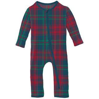 Kickee Pants Coverall with 2-Way Zipper - Peacock Plaid | Stylish Sleepies offer designs that make bedtime beautiful.