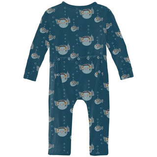 Kickee Pants Coverall with 2-Way Zipper - Peacock Puffer Family | Stylish Sleepies offer designs that make bedtime beautiful.