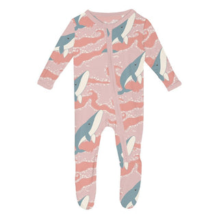 Bamboo Footie with 2-Way Zipper - Baby Rose Splashing Whales KicKee Pants