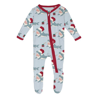 Bamboo Footie with 2-Way Zipper - Illusion Blue Holiday Sharks Baby & Toddler Sleepwear