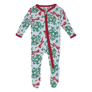 Bamboo Footie with 2-Way Zipper - Illusion Blue Mistletoe & Ribbons Baby & Toddler Sleepwear