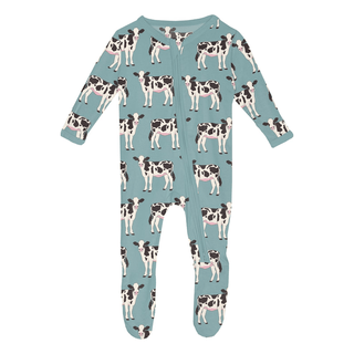 Kickee Pants Footie with 2-Way Zipper - Jade Cows