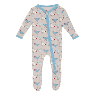 Kickee Pants Footie with 2-Way Zipper - Latte Chickens