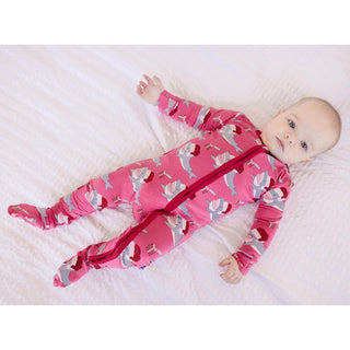 Bamboo Footie with 2-Way Zipper - Winter Rose Holiday Sharks KicKee Pants