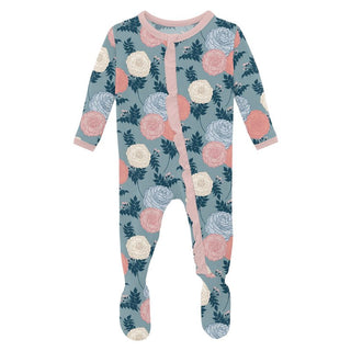 Kickee Pants Girl's Classic Ruffle Footie with 2-Way Zipper - Stormy Sea Enchanted Floral | Stylish Sleepies offer designs that make bedtime beautiful.