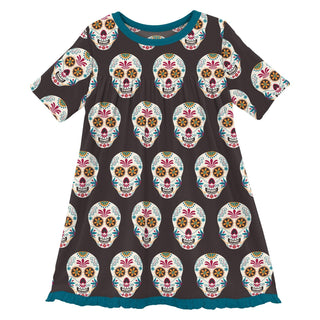 Kickee Pants Girl's Classic Short Sleeve Swing Dress - Midnight Dia de los Muertos