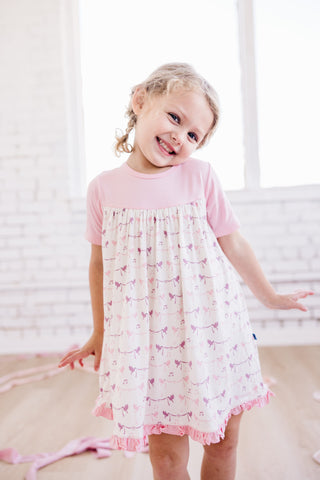 Girl's Print Bamboo Classic Short Sleeve Swing Dress - Natural Bird Banner KicKee Pants