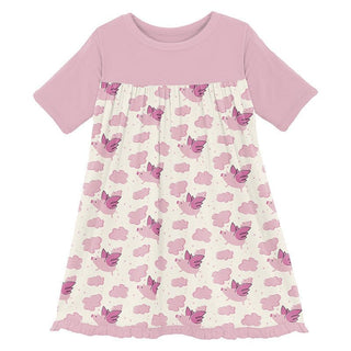 Girl's Print Bamboo Classic Short Sleeve Swing Dress - Natural Flying Pigs KicKee Pants