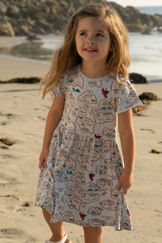 Girl's Print Bamboo Flutter Sleeve Twirl Dress with Pockets - Dew Pirate Map KicKee Pants