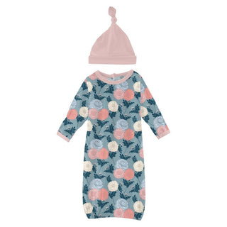 Bamboo Layette Gown & Single Knot Hat Set - Stormy Sea Enchanted Floral Baby & Toddler Sleepwear