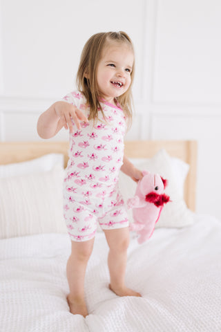 Girl's Print Bamboo Short Sleeve Pajama Set with Shorts - Natural Axolotl Party KicKee Pants