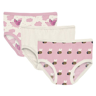 Girl's Print Bamboo Underwear (Set of 3) - Natural Flying Pigs, Natural & Cake Pop Baby Bumblebee Toddler Underwear